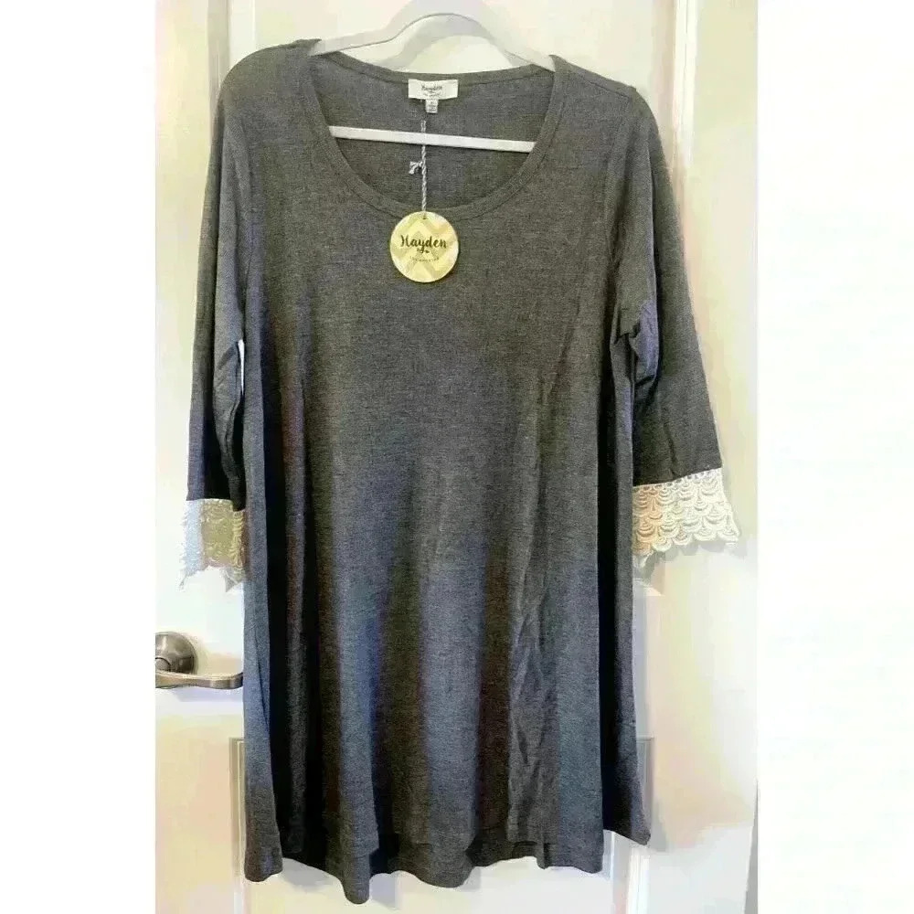 NWT Hayden Los Angeles Long Sleeve Dress Knit Crochet Size L Granite HeatherGray